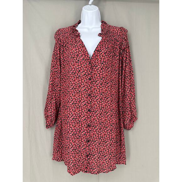 Zara Dress Womens XS Red Floral Mini Flowy Button Oversized Cottage Boho Ruffle - Picture 1 of 8
